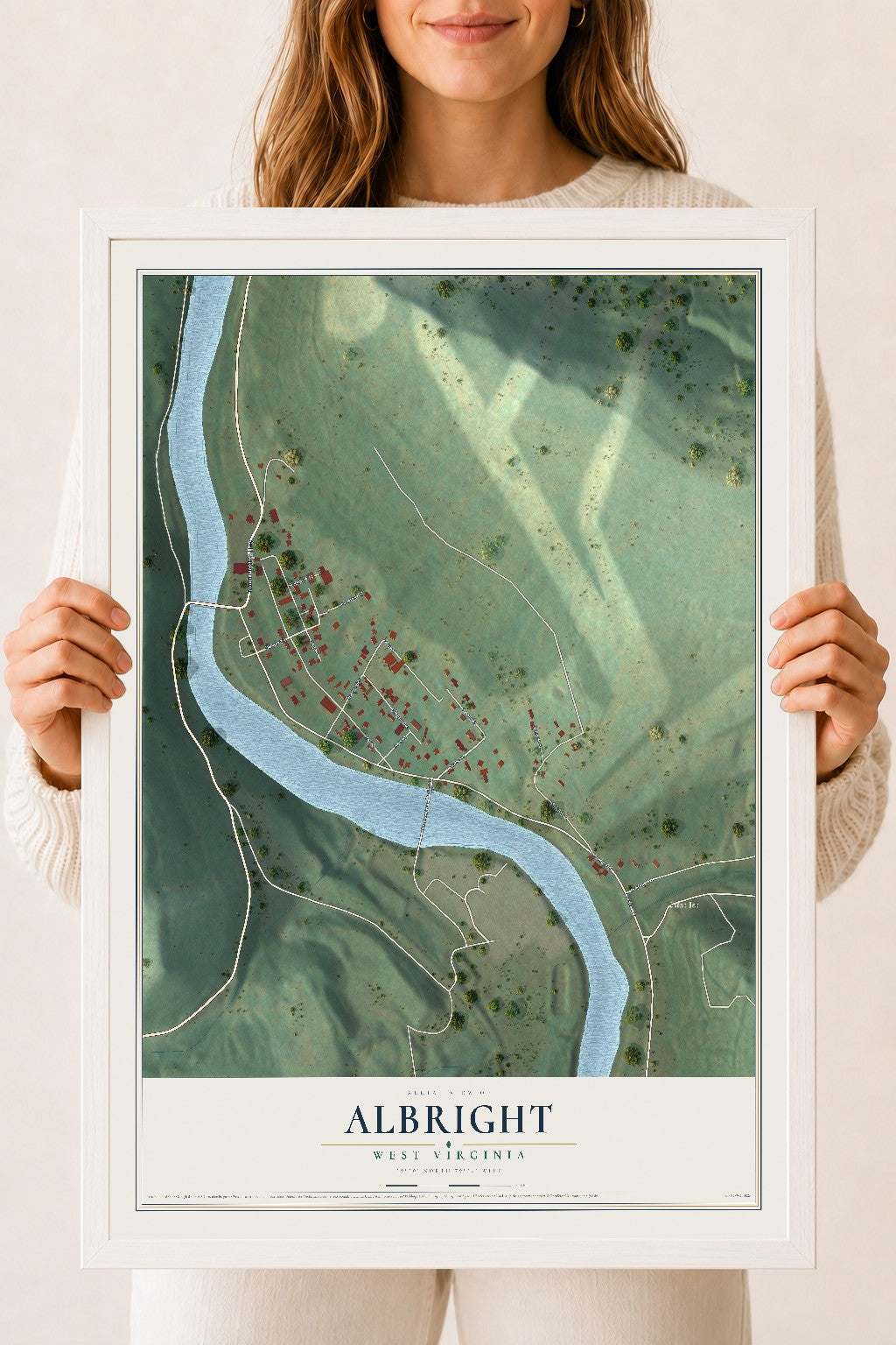 Map of Albright, West Virginia, 18 x 24 inch print in a white wood frame