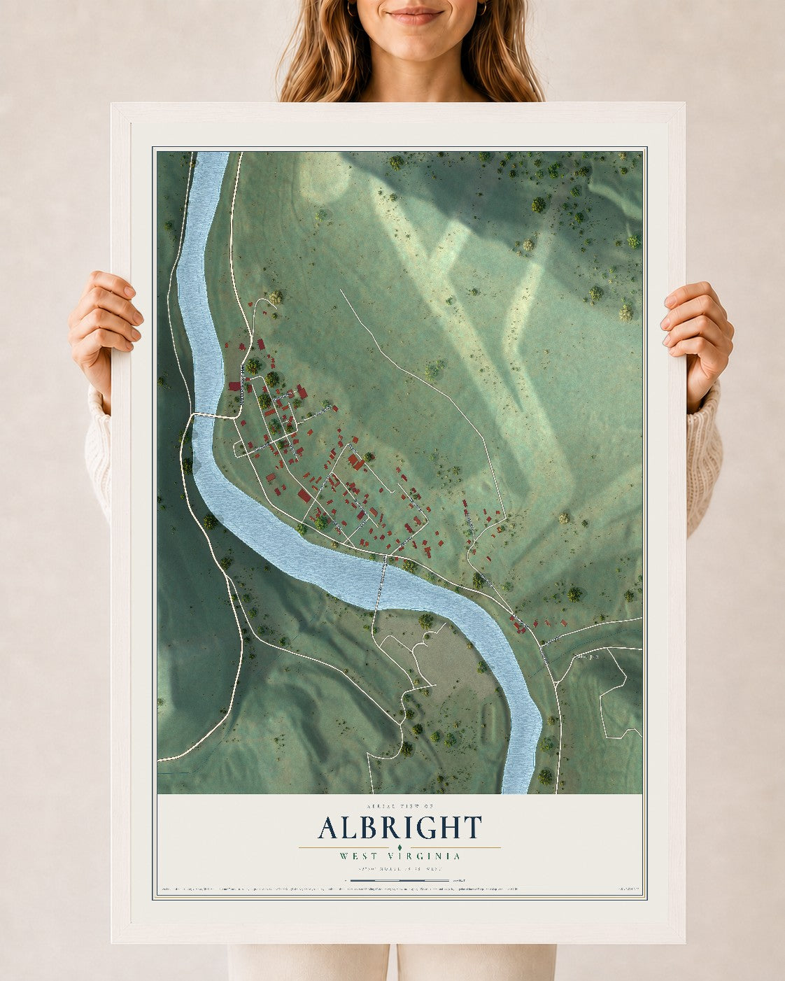 Map of Albright, West Virginia, 24 x 36 inch print in a white wood frame