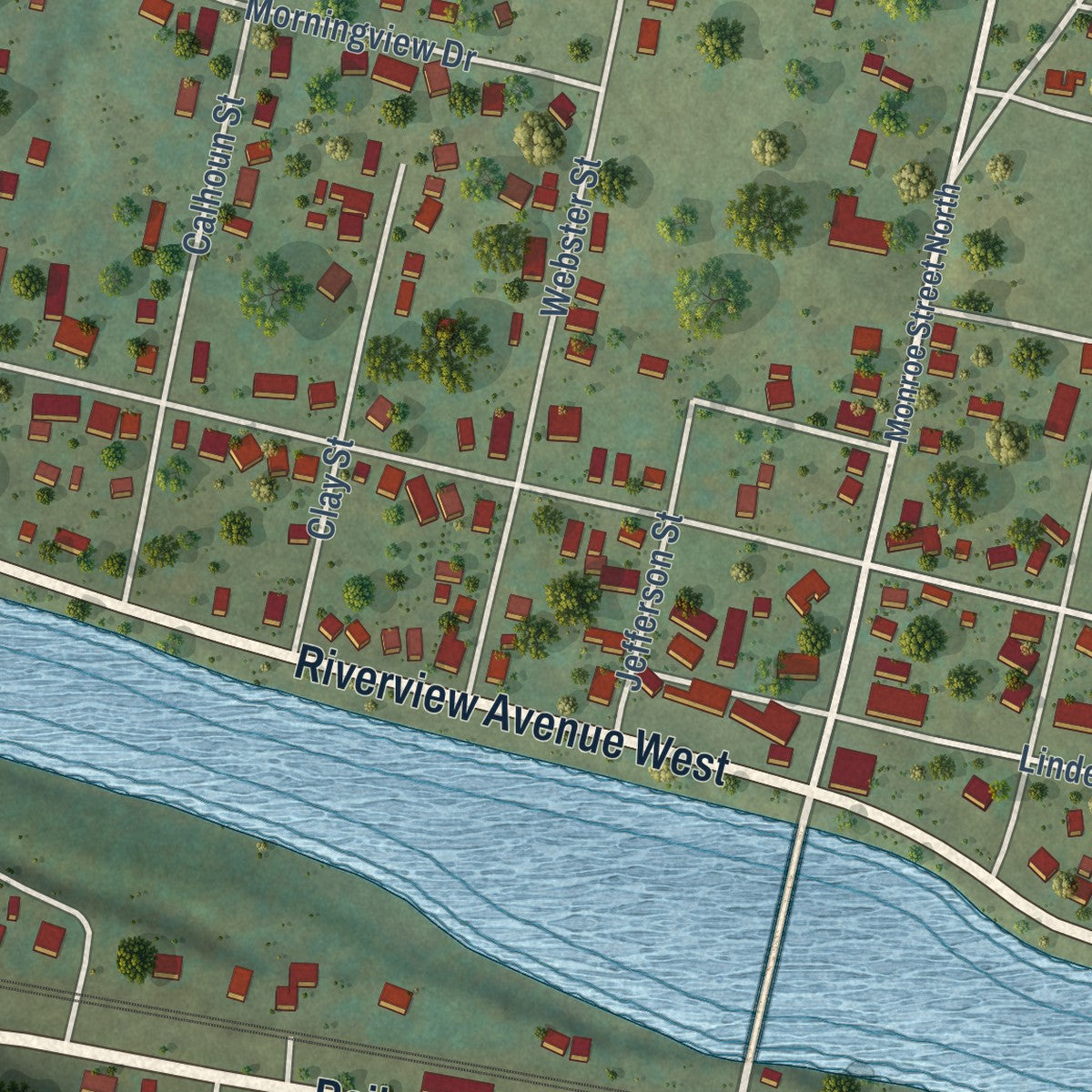Close-up of the map of Alderson, West Virginia print showing street and building detail