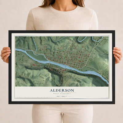 Map of Alderson, West Virginia, 12 x 18 inch print in a black wood frame