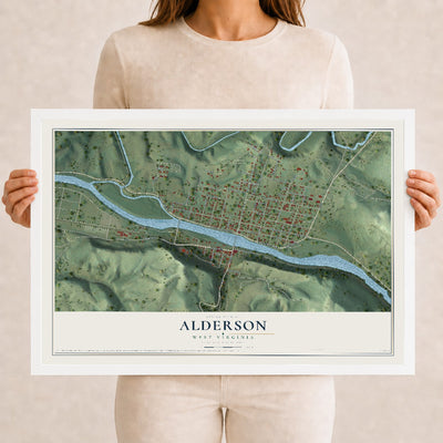 Map of Alderson, West Virginia, 12 x 18 inch print in a white wood frame