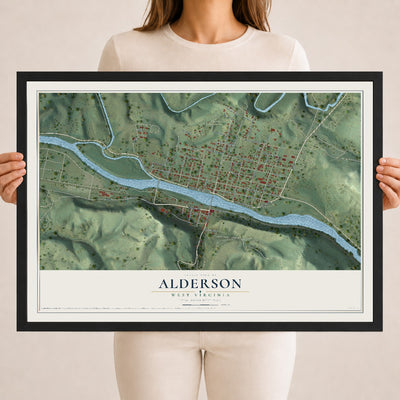 Map of Alderson, West Virginia, 18 x 24 inch print in a black wood frame