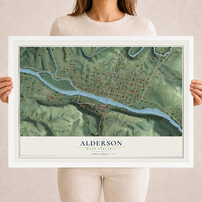 Map of Alderson, West Virginia, 18 x 24 inch print in a white wood frame
