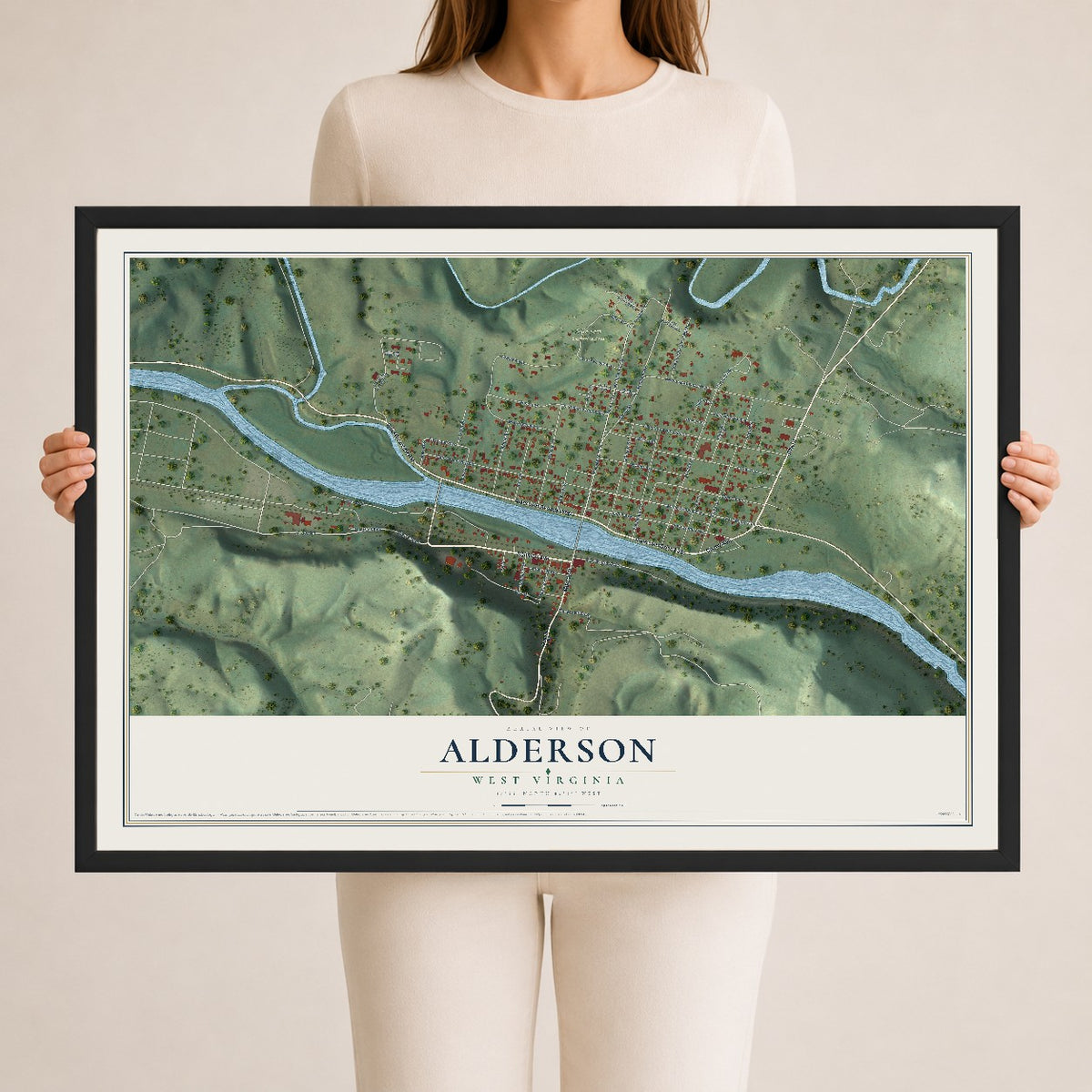 Map of Alderson, West Virginia, 24 x 36 inch print in a black wood frame