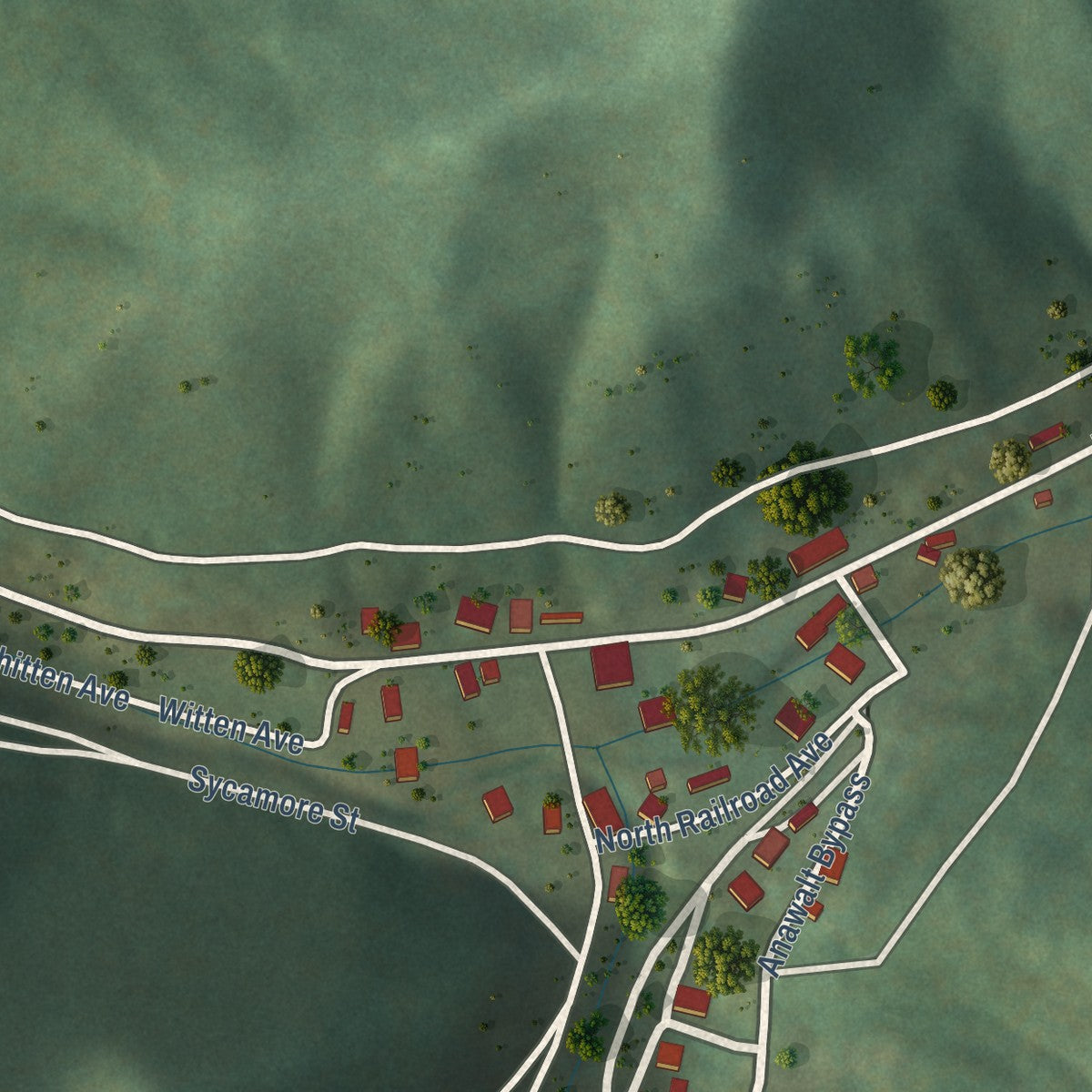 Second close-up of the map of Anawalt, West Virginia print showing more streets and buildings