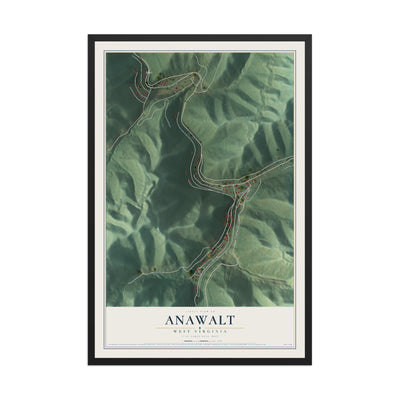 Map of Anawalt, West Virginia, 12 x 18 inch print in a black wood frame