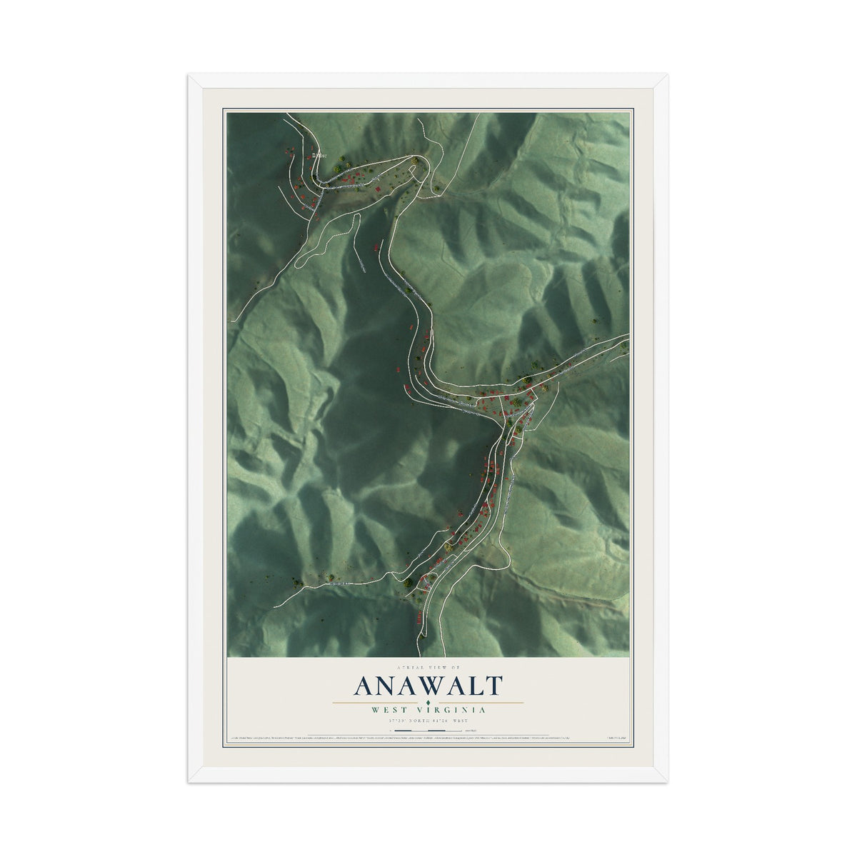 Map of Anawalt, West Virginia, 12 x 18 inch print in a white wood frame