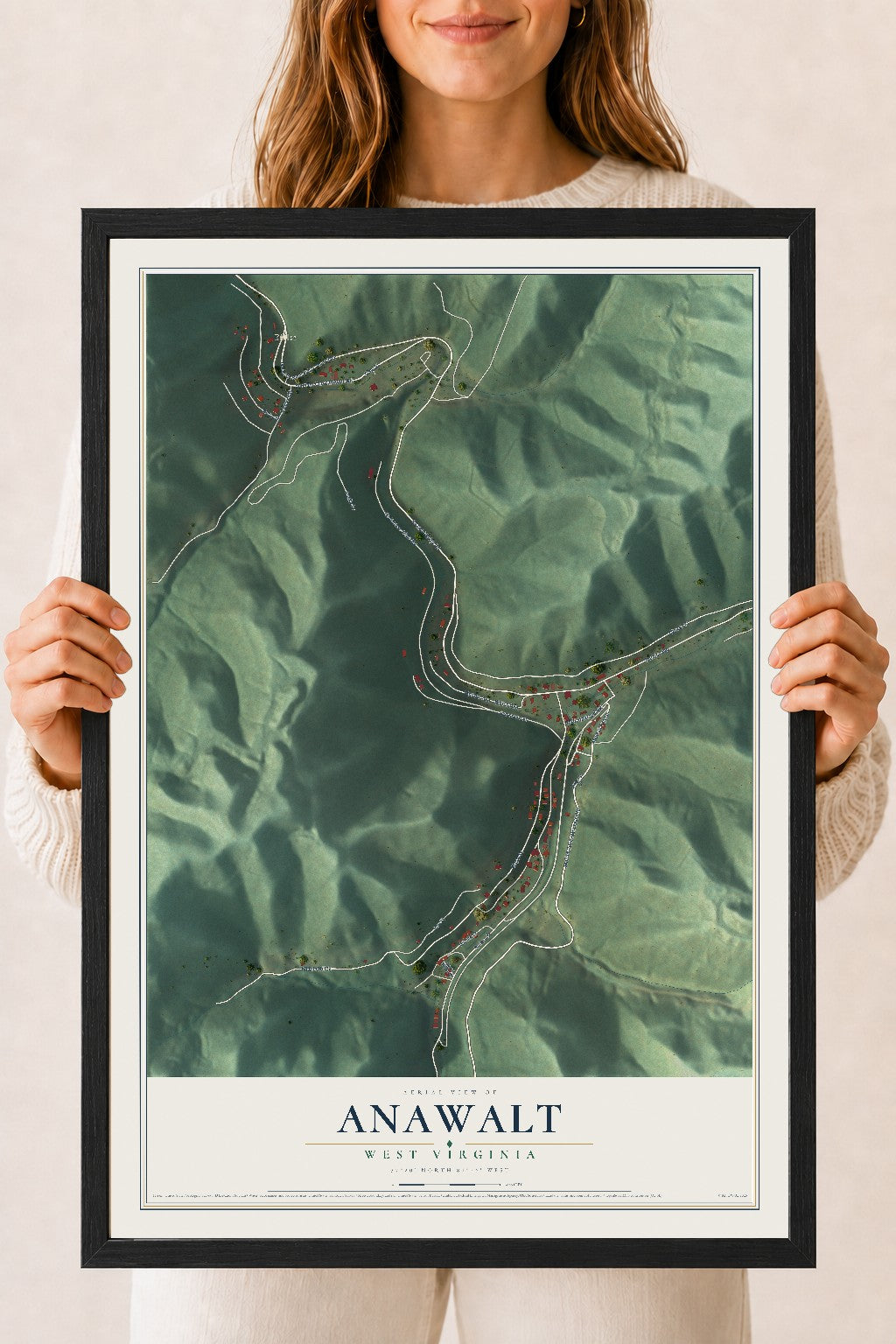 Map of Anawalt, West Virginia, 18 x 24 inch print in a black wood frame