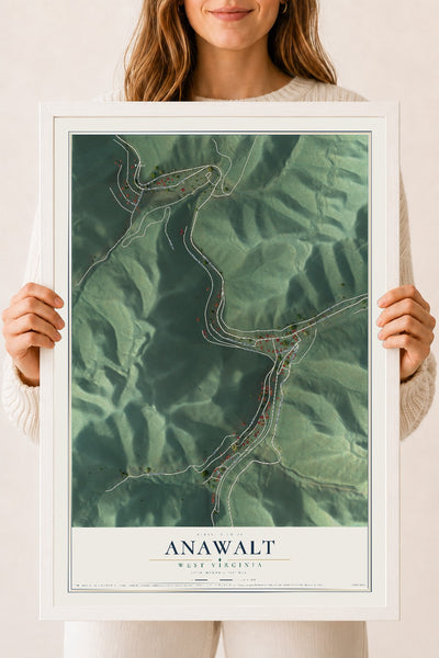 Map of Anawalt, West Virginia, 18 x 24 inch print in a white wood frame