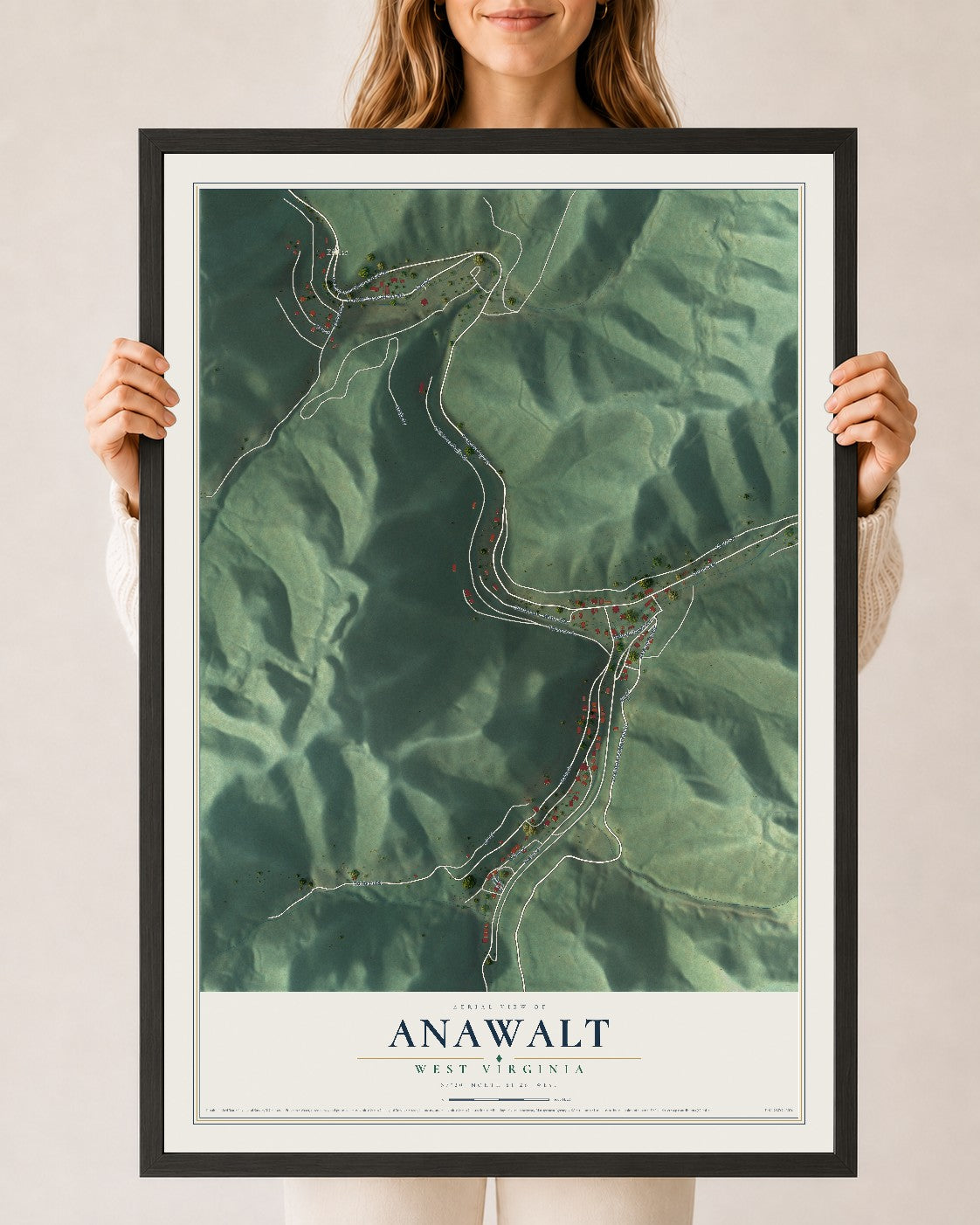 Map of Anawalt, West Virginia, 24 x 36 inch print in a black wood frame