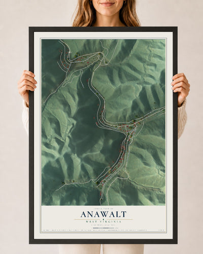 Map of Anawalt, West Virginia, 24 x 36 inch print in a black wood frame