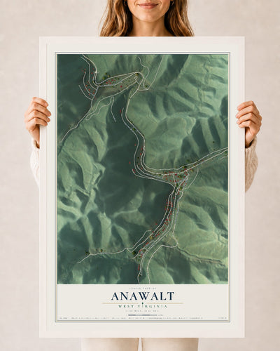 Map of Anawalt, West Virginia, 24 x 36 inch print in a white wood frame