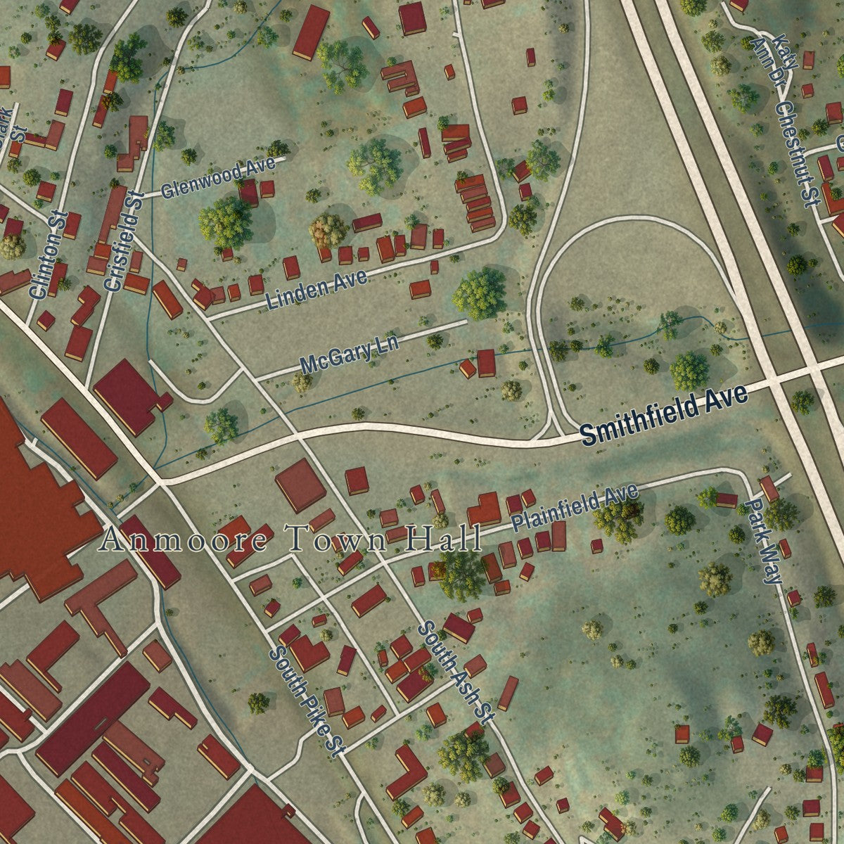 Close-up of the map of Anmoore, West Virginia print showing street and building detail