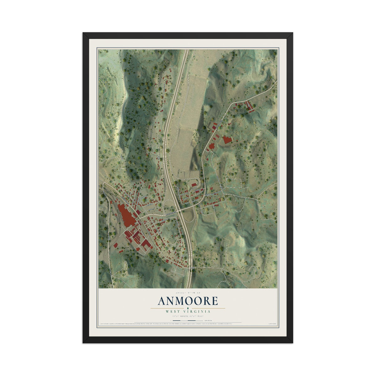 Map of Anmoore, West Virginia, 12 x 18 inch print in a black wood frame