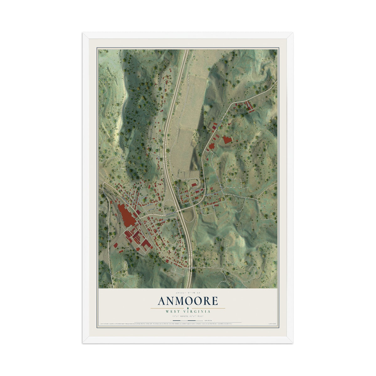 Map of Anmoore, West Virginia, 12 x 18 inch print in a white wood frame