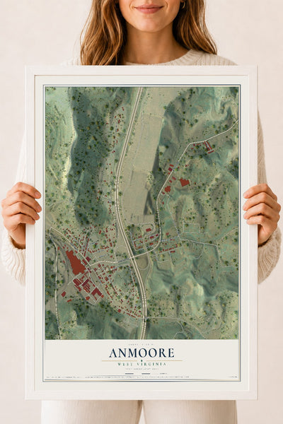 Map of Anmoore, West Virginia, 18 x 24 inch print in a white wood frame