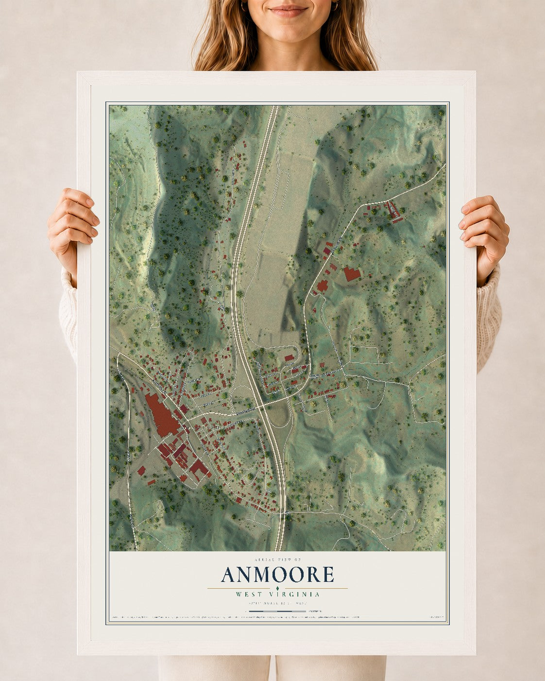 Map of Anmoore, West Virginia, 24 x 36 inch print in a white wood frame