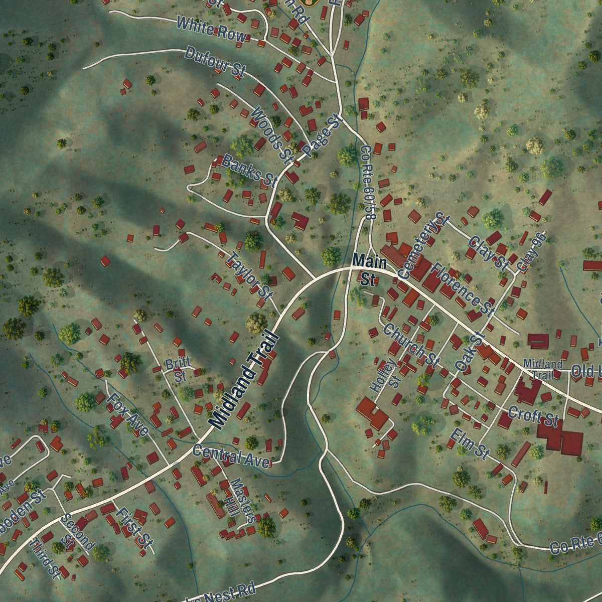 Close-up of the map of Ansted, West Virginia print showing street and building detail