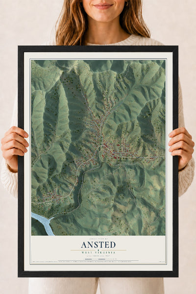 Map of Ansted, West Virginia, 18 x 24 inch print in a black wood frame
