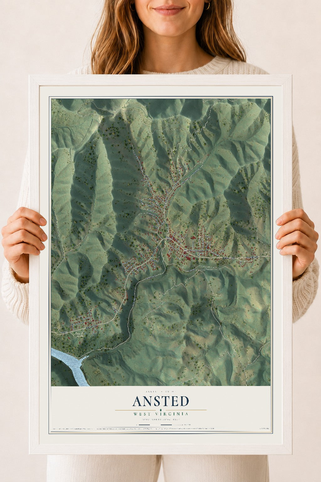 Map of Ansted, West Virginia, 18 x 24 inch print in a white wood frame
