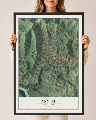Map of Ansted, West Virginia, 24 x 36 inch print in a black wood frame