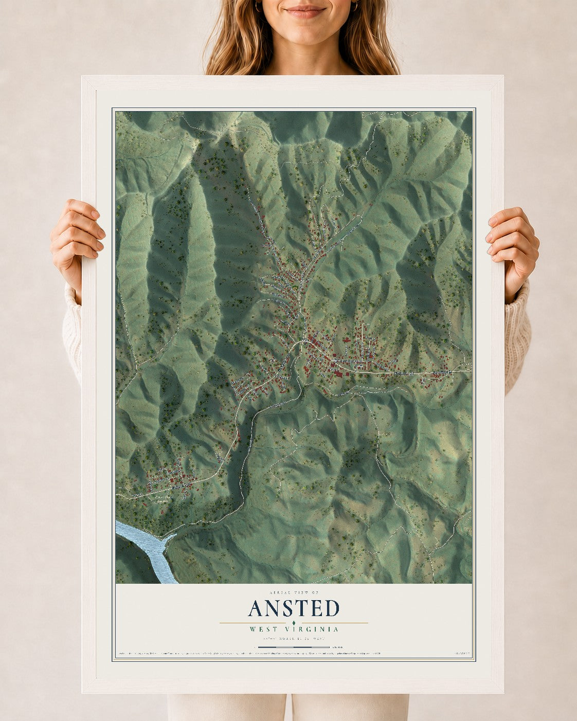 Map of Ansted, West Virginia, 24 x 36 inch print in a white wood frame