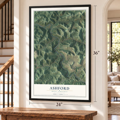 Ashford, West Virginia map, 24 x 36 inch print in a black frame by a staircase