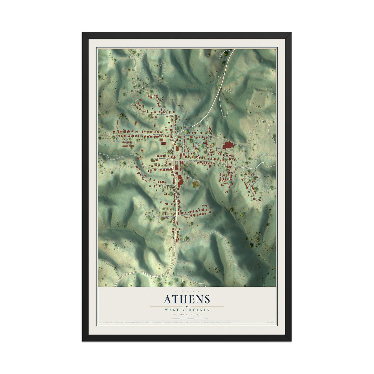 Map of Athens, West Virginia, 12 x 18 inch print in a black wood frame