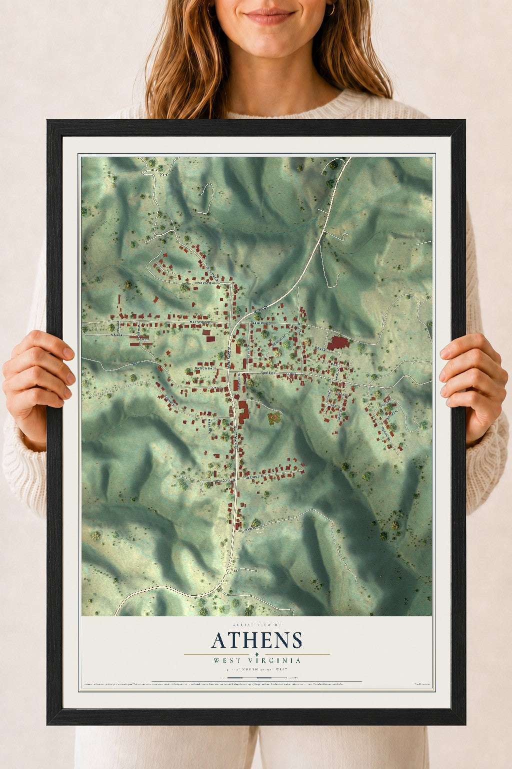 Map of Athens, West Virginia, 18 x 24 inch print in a black wood frame