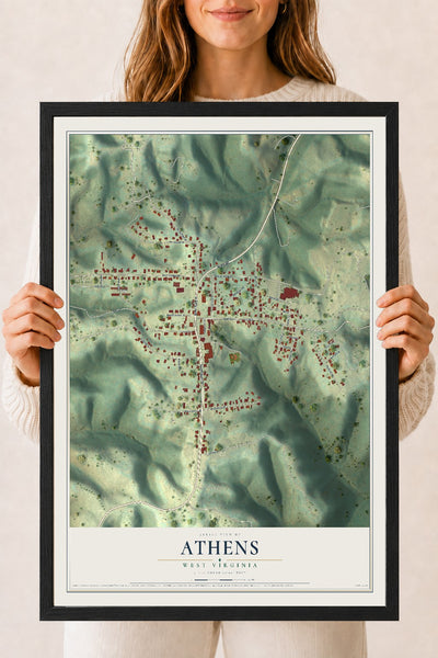 Map of Athens, West Virginia, 18 x 24 inch print in a black wood frame