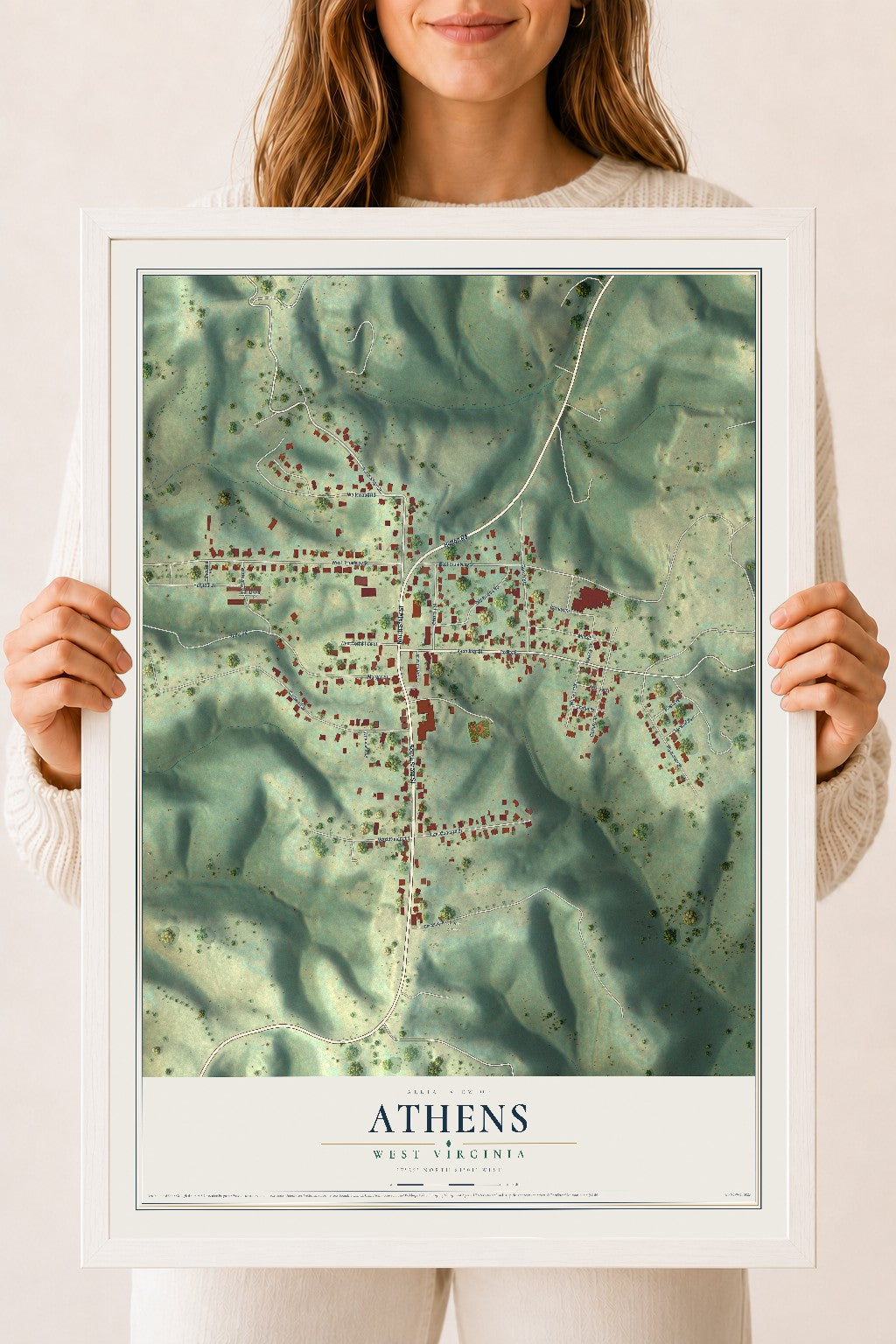Map of Athens, West Virginia, 18 x 24 inch print in a white wood frame