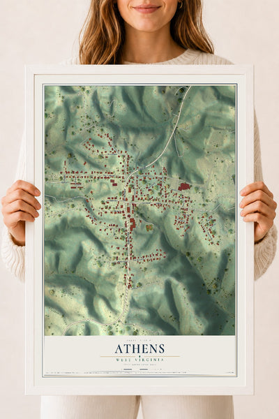 Map of Athens, West Virginia, 18 x 24 inch print in a white wood frame