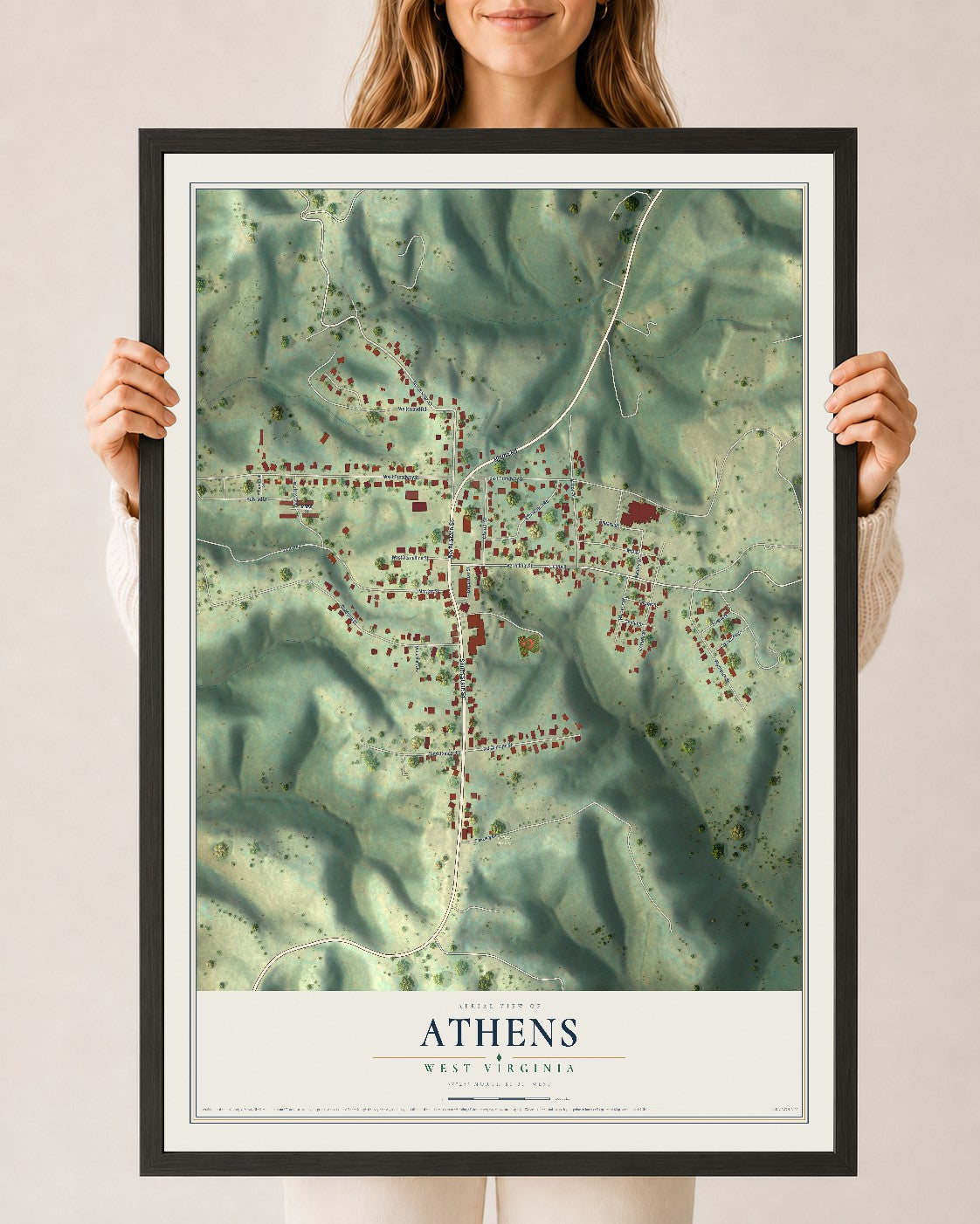 Map of Athens, West Virginia, 24 x 36 inch print in a black wood frame