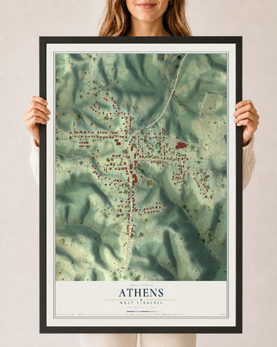 Map of Athens, West Virginia, 24 x 36 inch print in a black wood frame