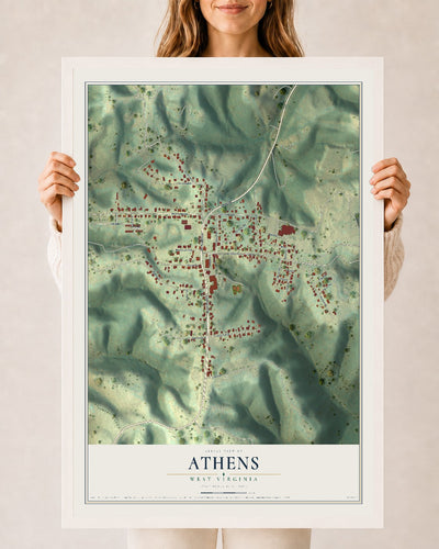 Map of Athens, West Virginia, 24 x 36 inch print in a white wood frame