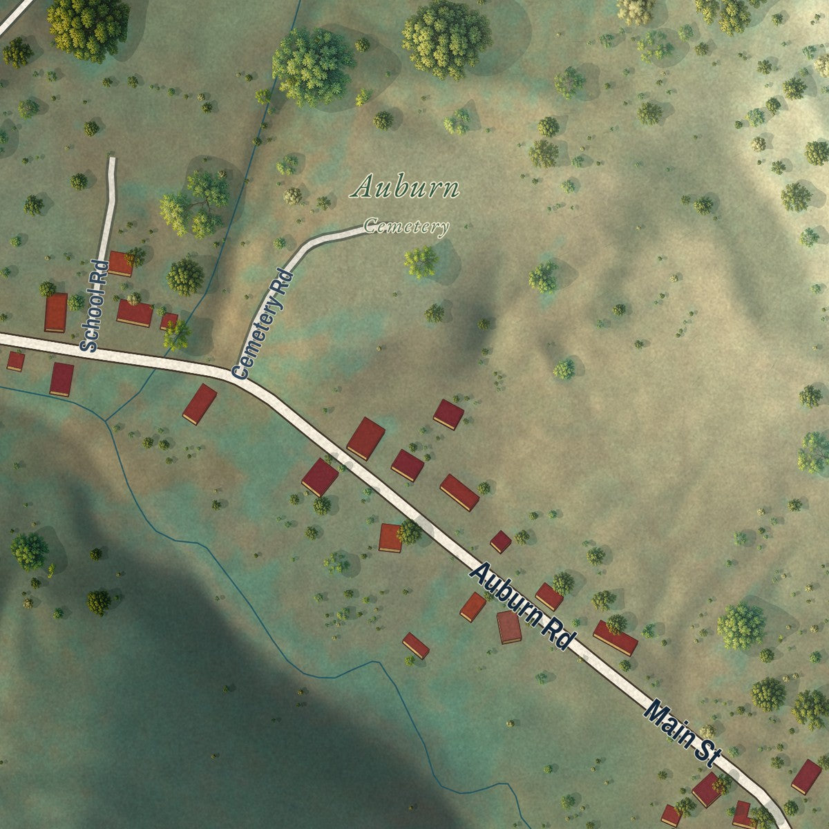 Second close-up of the map of Auburn, West Virginia print showing more streets and buildings