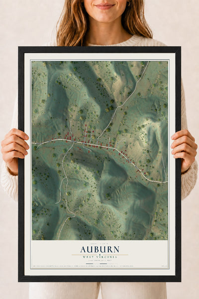 Map of Auburn, West Virginia, 18 x 24 inch print in a black wood frame