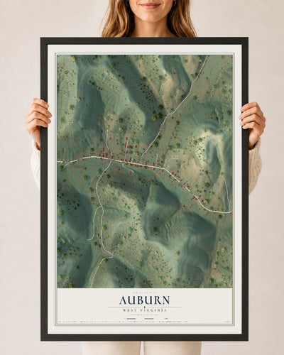 Map of Auburn, West Virginia, 24 x 36 inch print in a black wood frame
