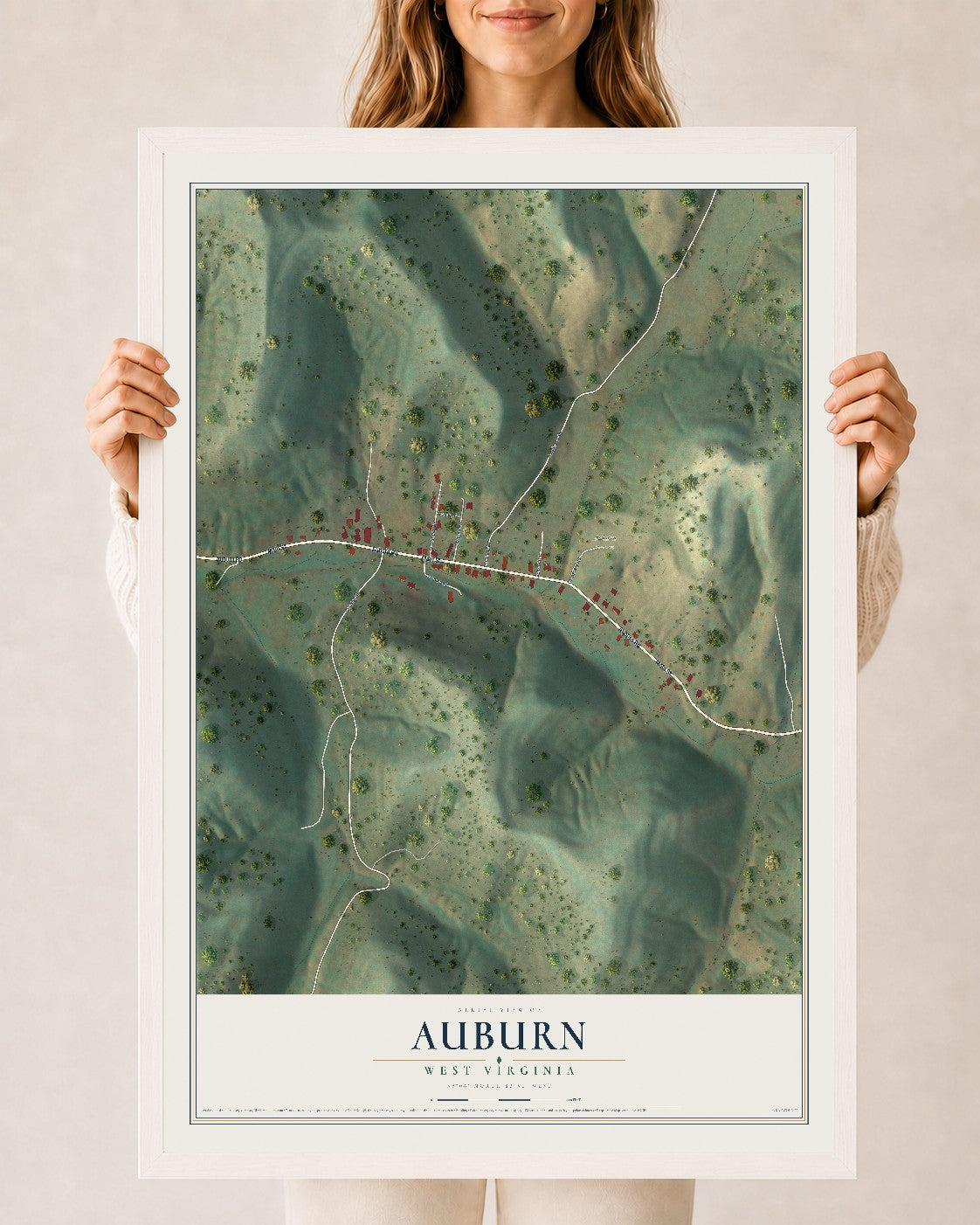 Map of Auburn, West Virginia, 24 x 36 inch print in a white wood frame