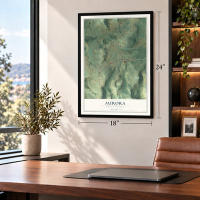 Aurora, West Virginia map, 18 x 24 inch print in a black frame in a home office