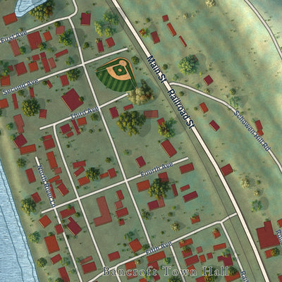 Close-up of the map of Bancroft, West Virginia print showing street and building detail