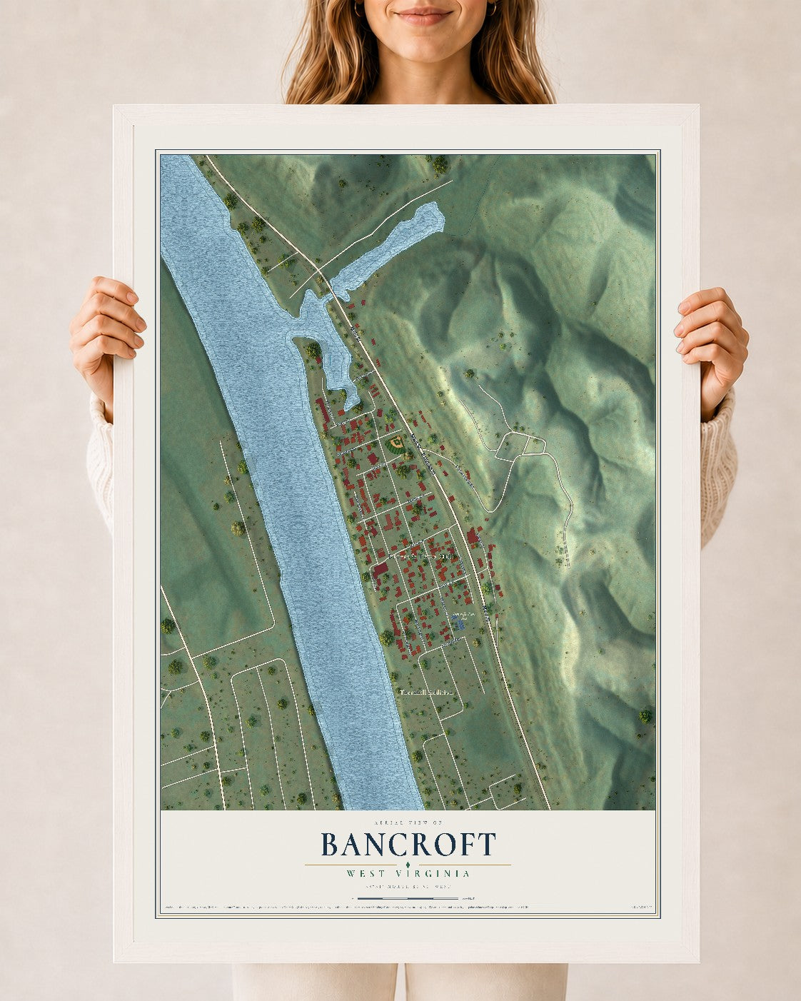 Map of Bancroft, West Virginia, 24 x 36 inch print in a white wood frame
