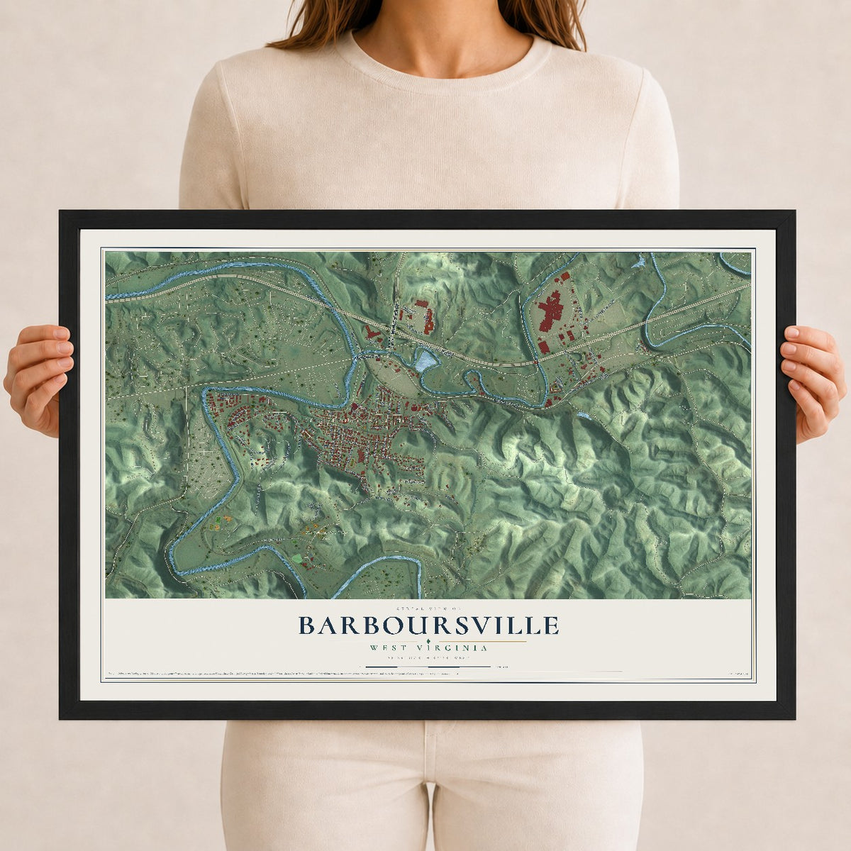 Map of Barboursville, West Virginia, 12 x 18 inch print in a black wood frame
