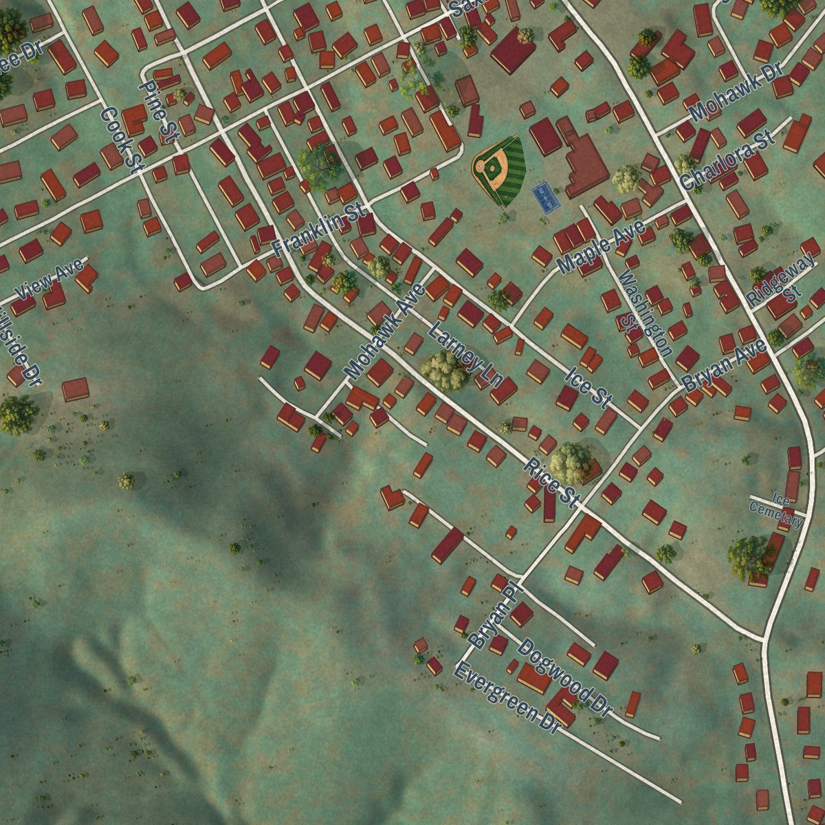 Close-up of the map of Barrackville, West Virginia print showing street and building detail