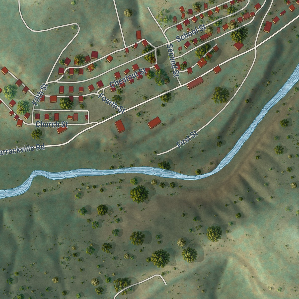 Second close-up of the map of Barrackville, West Virginia print showing more streets and buildings