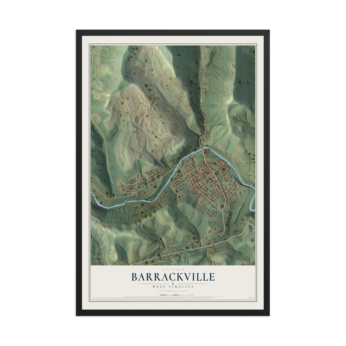 Map of Barrackville, West Virginia, 12 x 18 inch print in a black wood frame