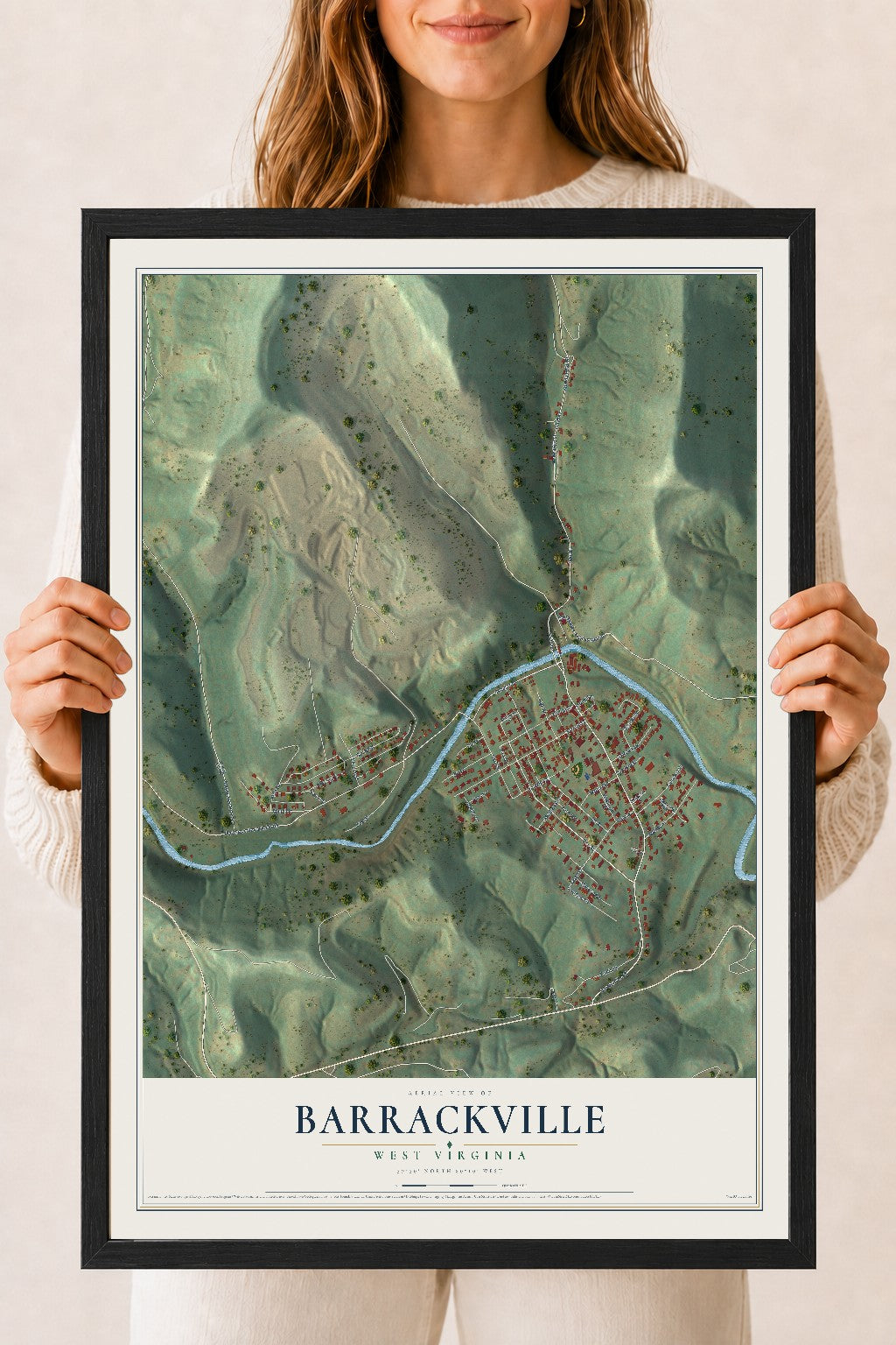 Map of Barrackville, West Virginia, 18 x 24 inch print in a black wood frame