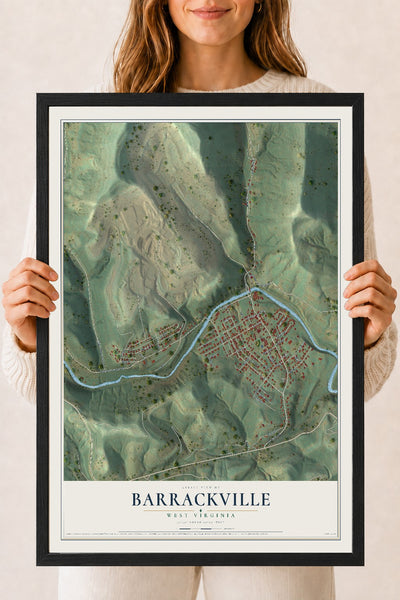 Map of Barrackville, West Virginia, 18 x 24 inch print in a black wood frame