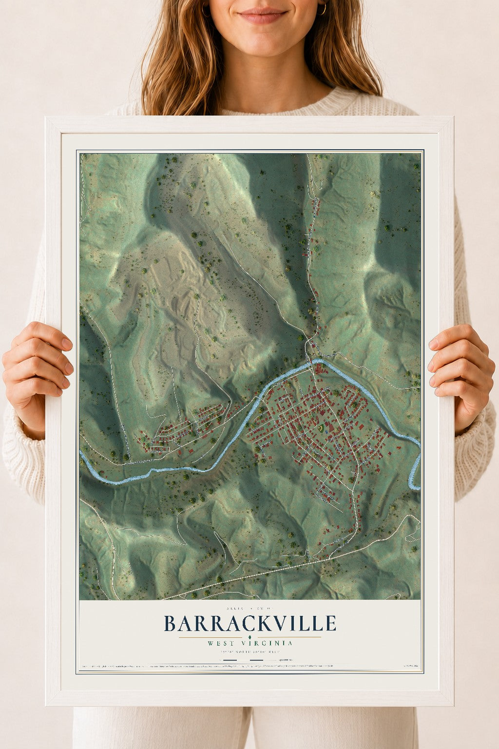 Map of Barrackville, West Virginia, 18 x 24 inch print in a white wood frame