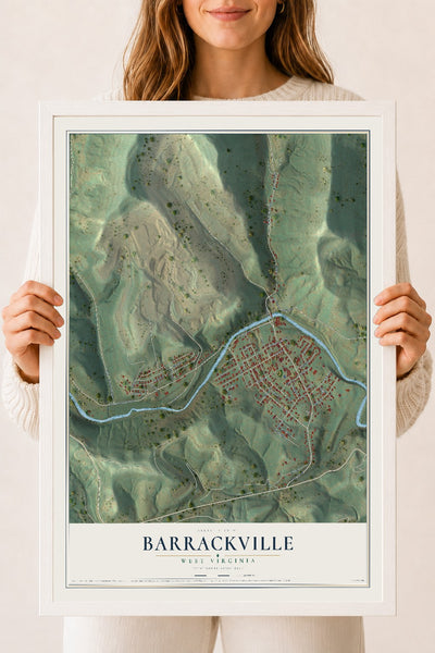 Map of Barrackville, West Virginia, 18 x 24 inch print in a white wood frame